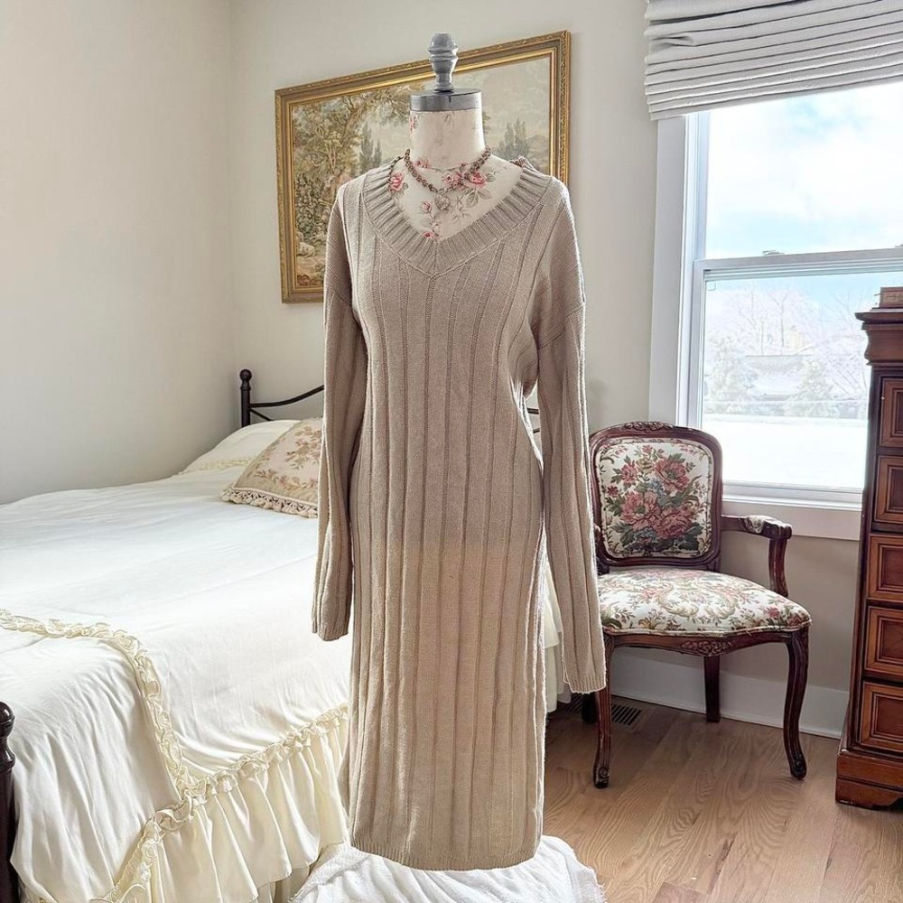 Cream sweater dress  y2k beige ribbed‎ sweater dress